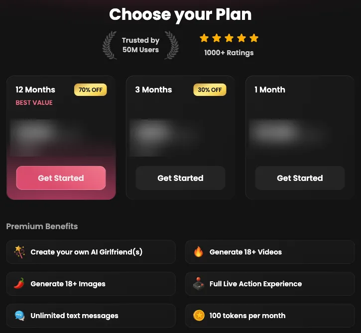 Candy AI Premium page showing 12-month, 3-month and 1-month plans with 70% and 30% off badges and the list of premium benefits