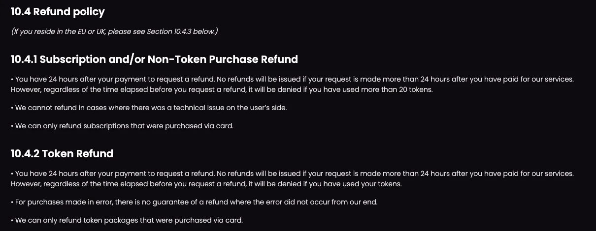 Candy AI terms of service section 10.4 refund policy: 24-hour refund window and the 20-token rule