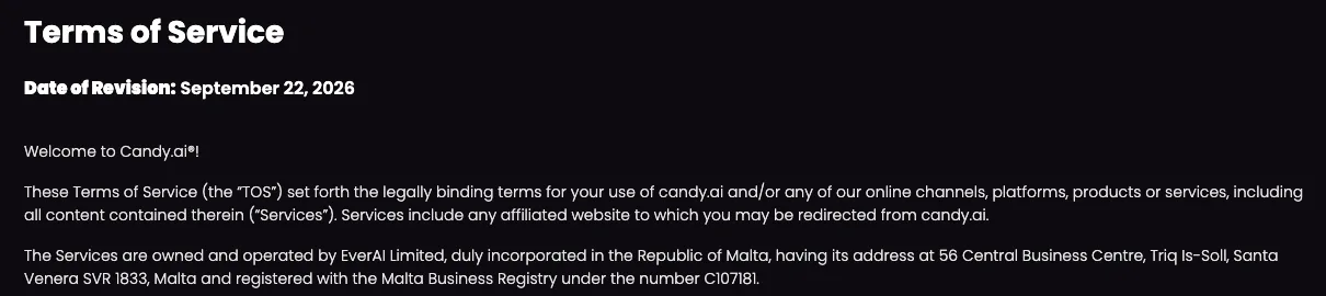 Top of Candy AI's terms of service naming EverAI Limited of Malta, company number C107181, as the operator