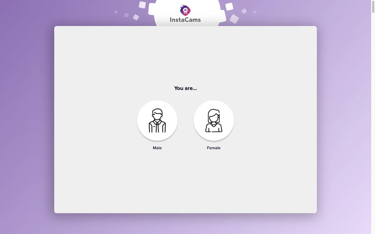 Instacams start screen asking whether you are male or female