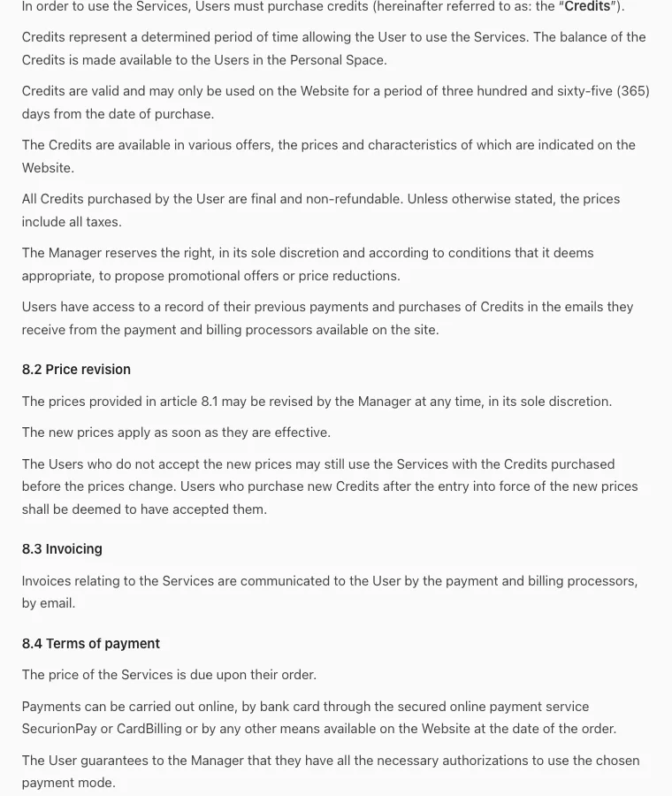 Instacams terms and conditions section on credits, validity and refunds