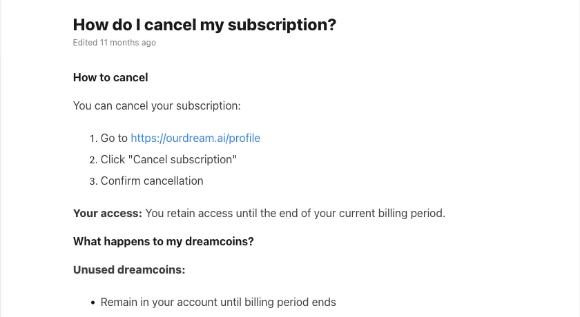 OurDream help center steps to cancel a subscription from the profile page