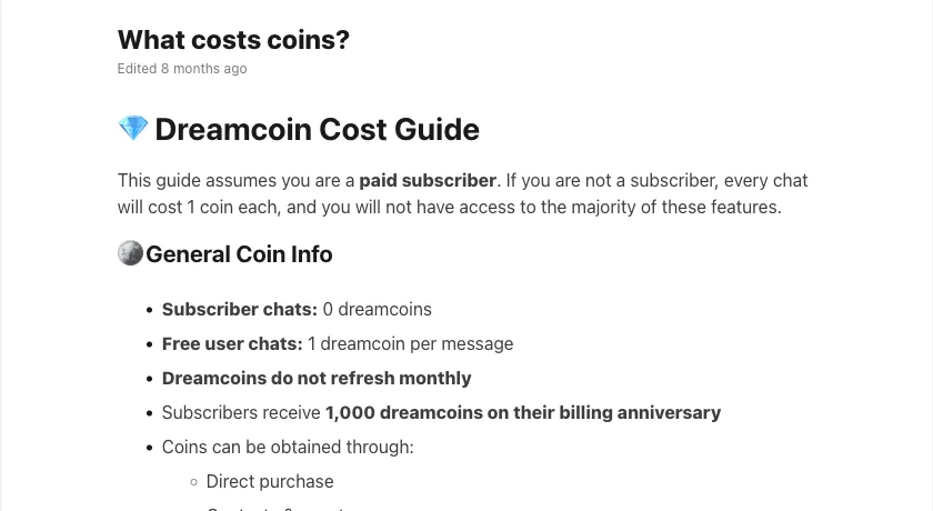 OurDream help center Dreamcoin Cost Guide showing subscriber chats cost 0 coins and free user chats cost 1 coin per message