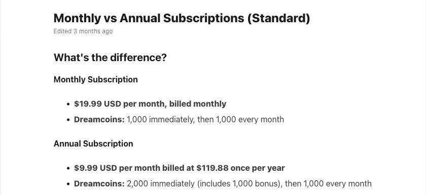 OurDream help center article listing the Standard plan at $19.99 a month or $9.99 a month billed $119.88 yearly, with dreamcoin amounts