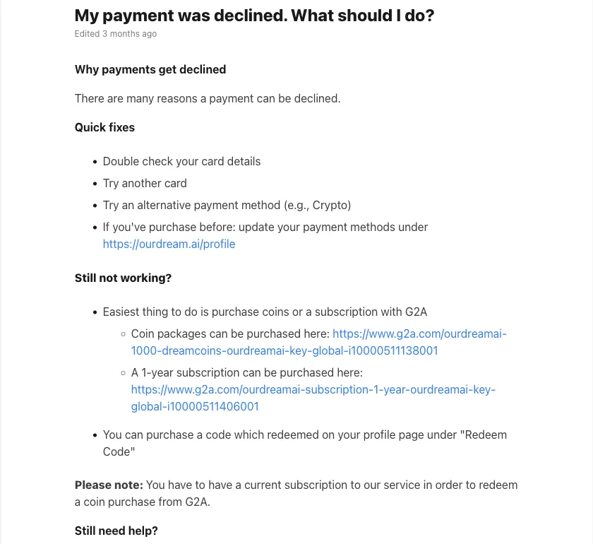 OurDream help center article explaining G2A coin and subscription keys redeemed under Redeem Code on the profile page