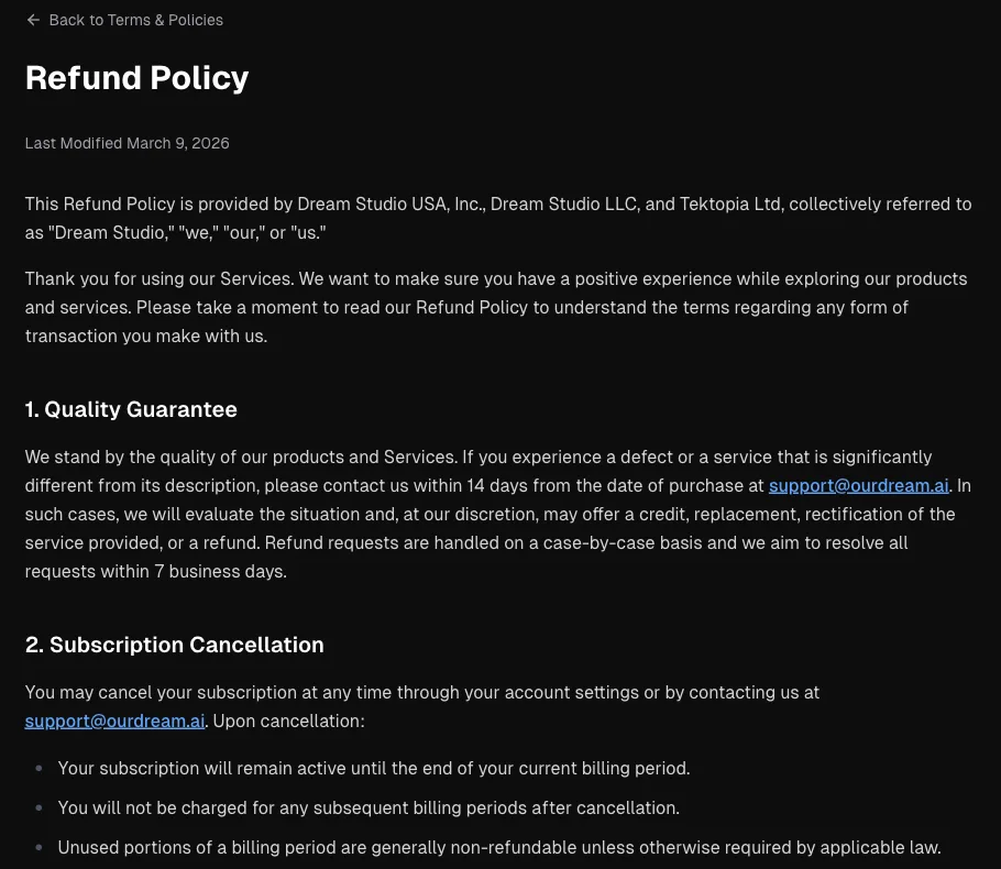 OurDream refund policy: contact support within 14 days, case-by-case refunds, and subscription cancellation rules